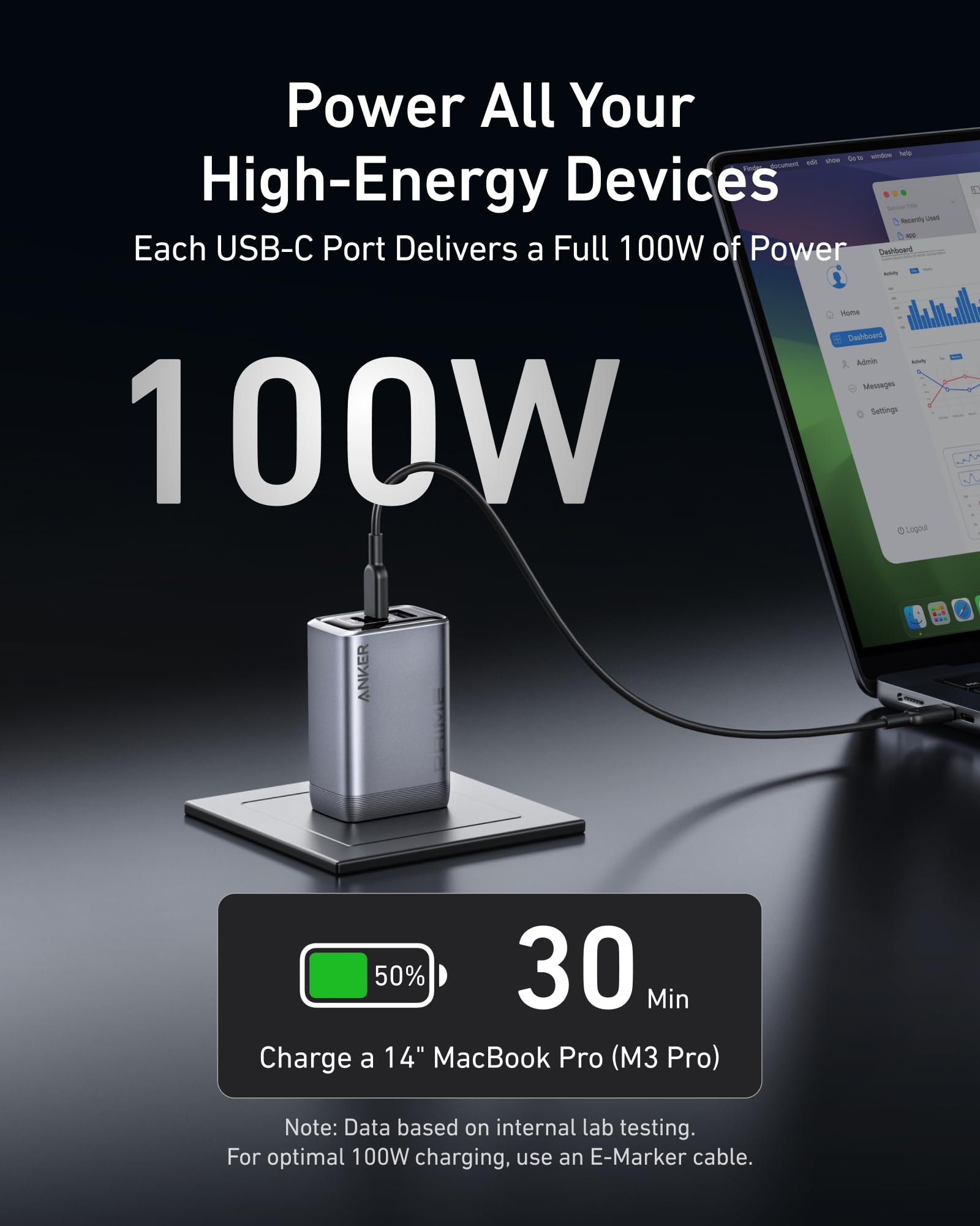 Prime Charger (100W, 3 Ports, GaN) and Prime USB-C to USB-C Cable (240W, Upcycled-Braided) L1