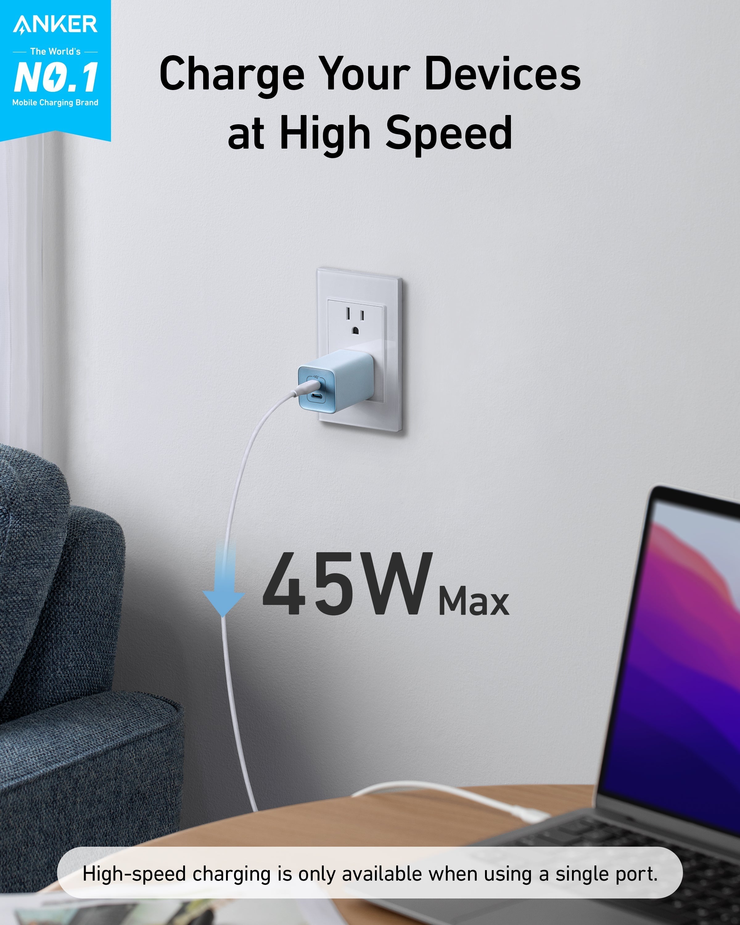 523 Charger (Nano 3, 47W) and New Nylon USB-C to USB-C 100W Cable (10 ft) X5