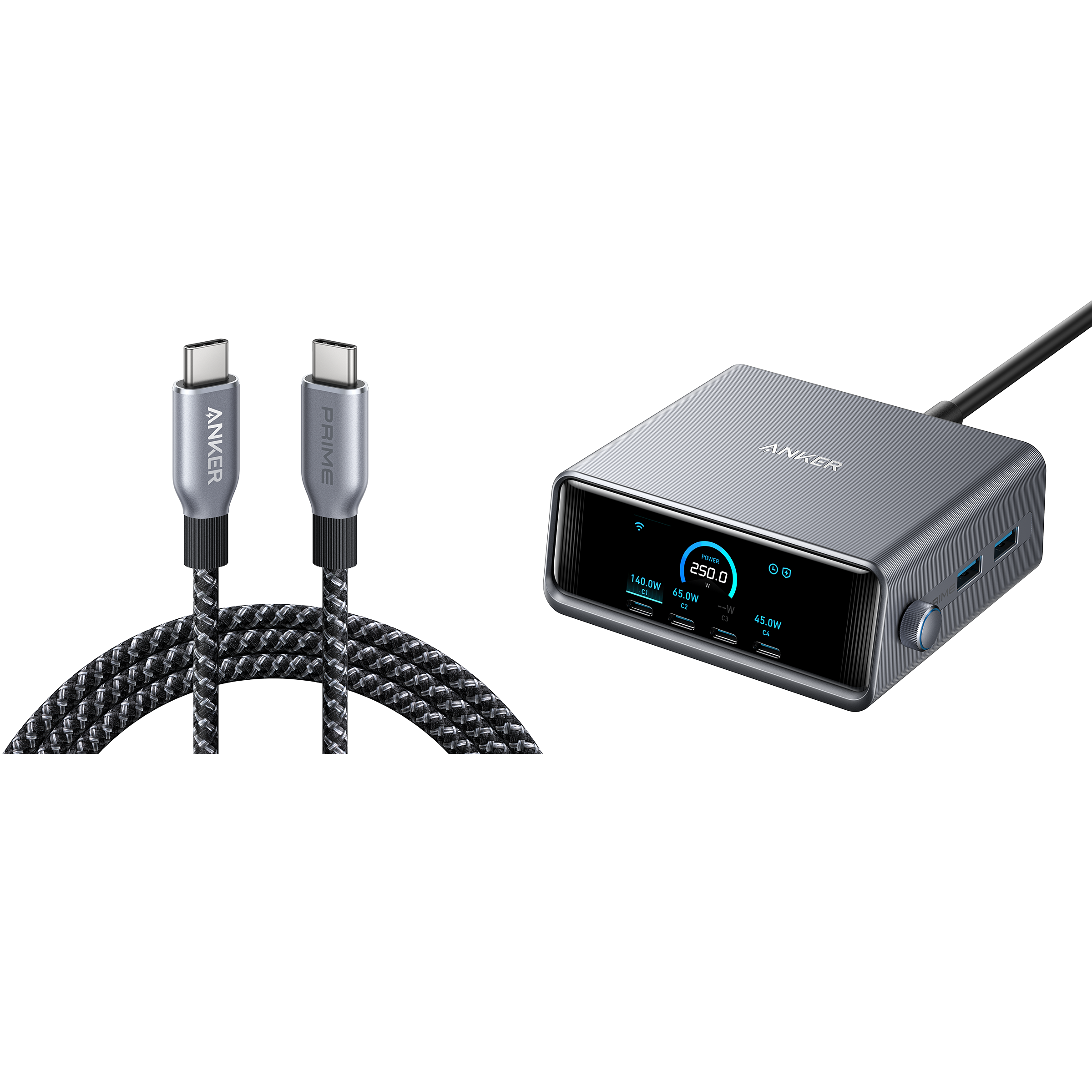 Prime Charger (250W, 6 Ports, GaNPrime) with USB-C to USB-C Cable (240W) G0