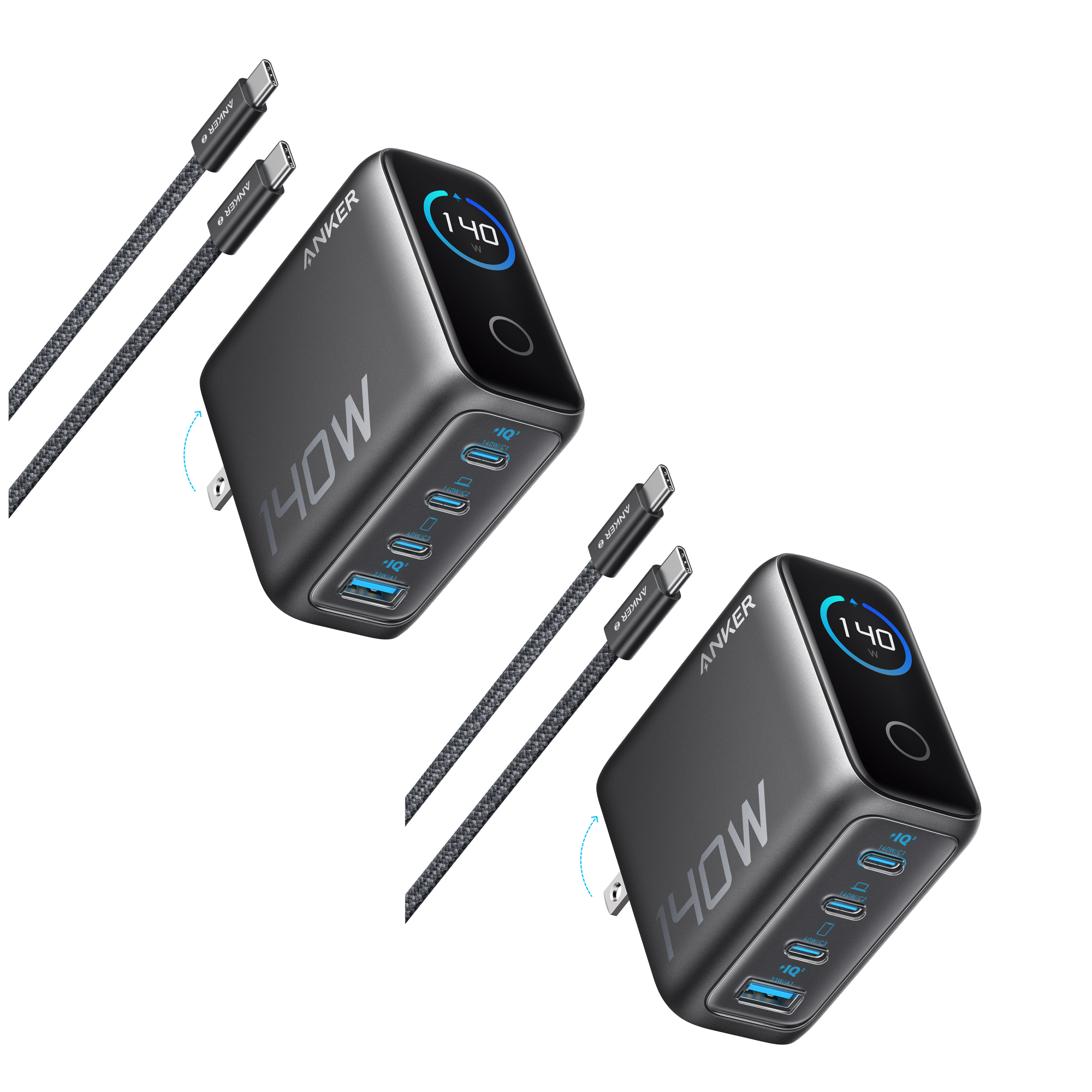 2-Pack Laptop Charger (140W, 4-Port, PD 3.1) with 2-Pack USB-C Cable Q5
