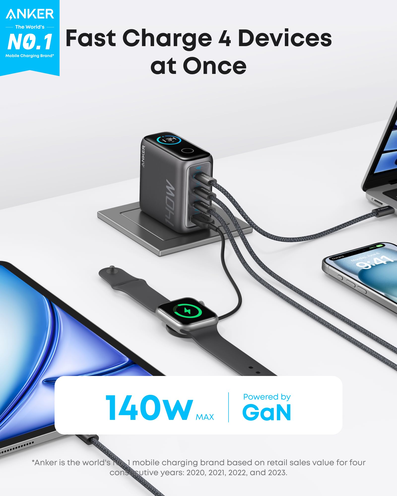 2-Pack Laptop Charger (140W, 4-Port, PD 3.1) with 2-Pack USB-C Cable T4