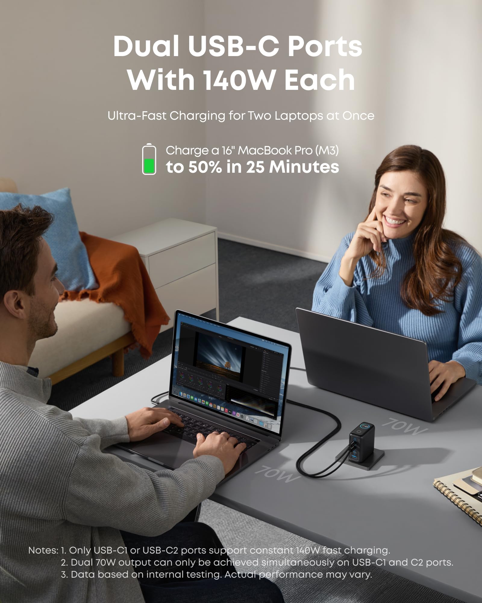 2-Pack Laptop Charger (140W, 4-Port, PD 3.1) with 2-Pack USB-C Cable T4