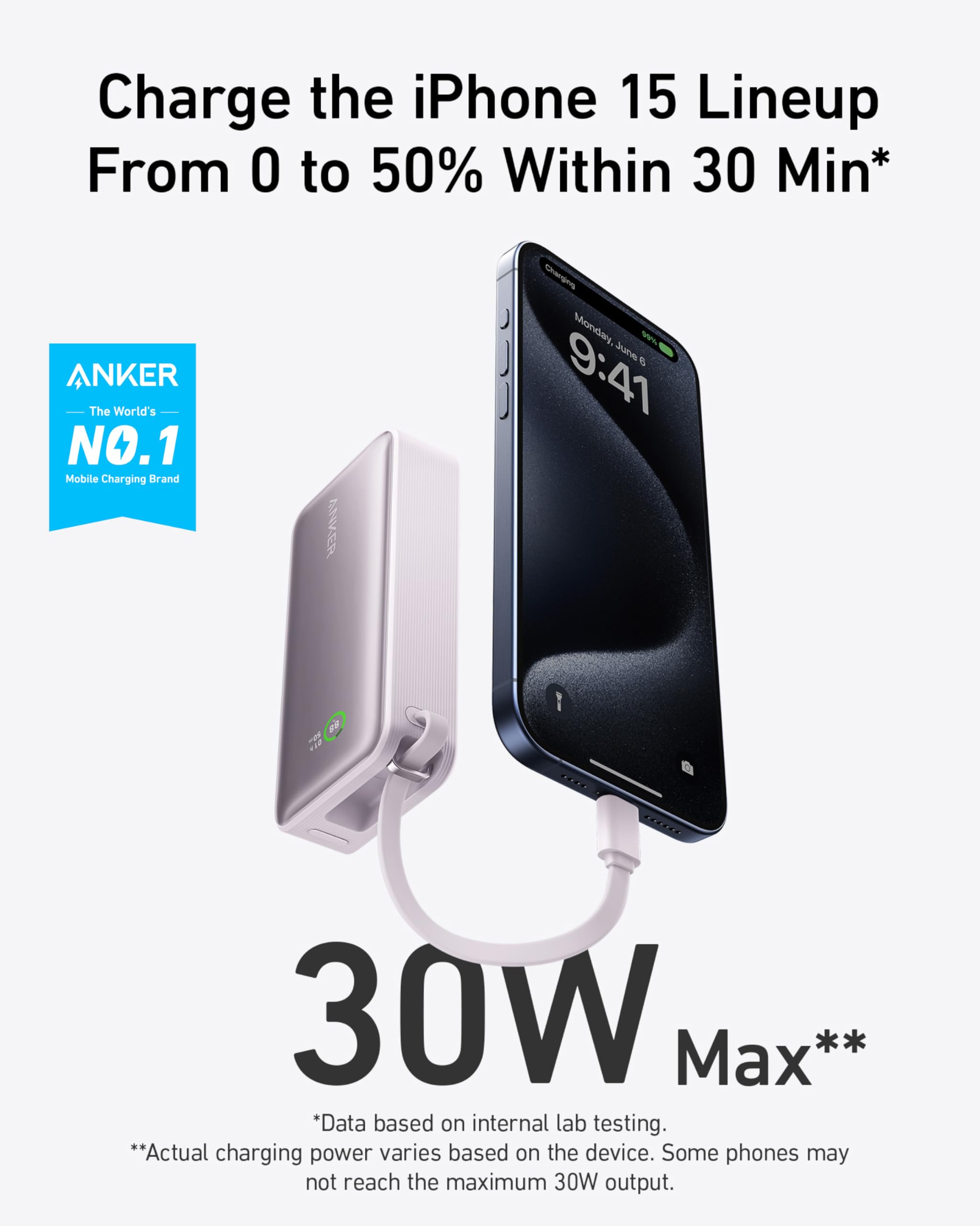 Nano Power Bank (30W, Built-In USB-C Cable) T7
